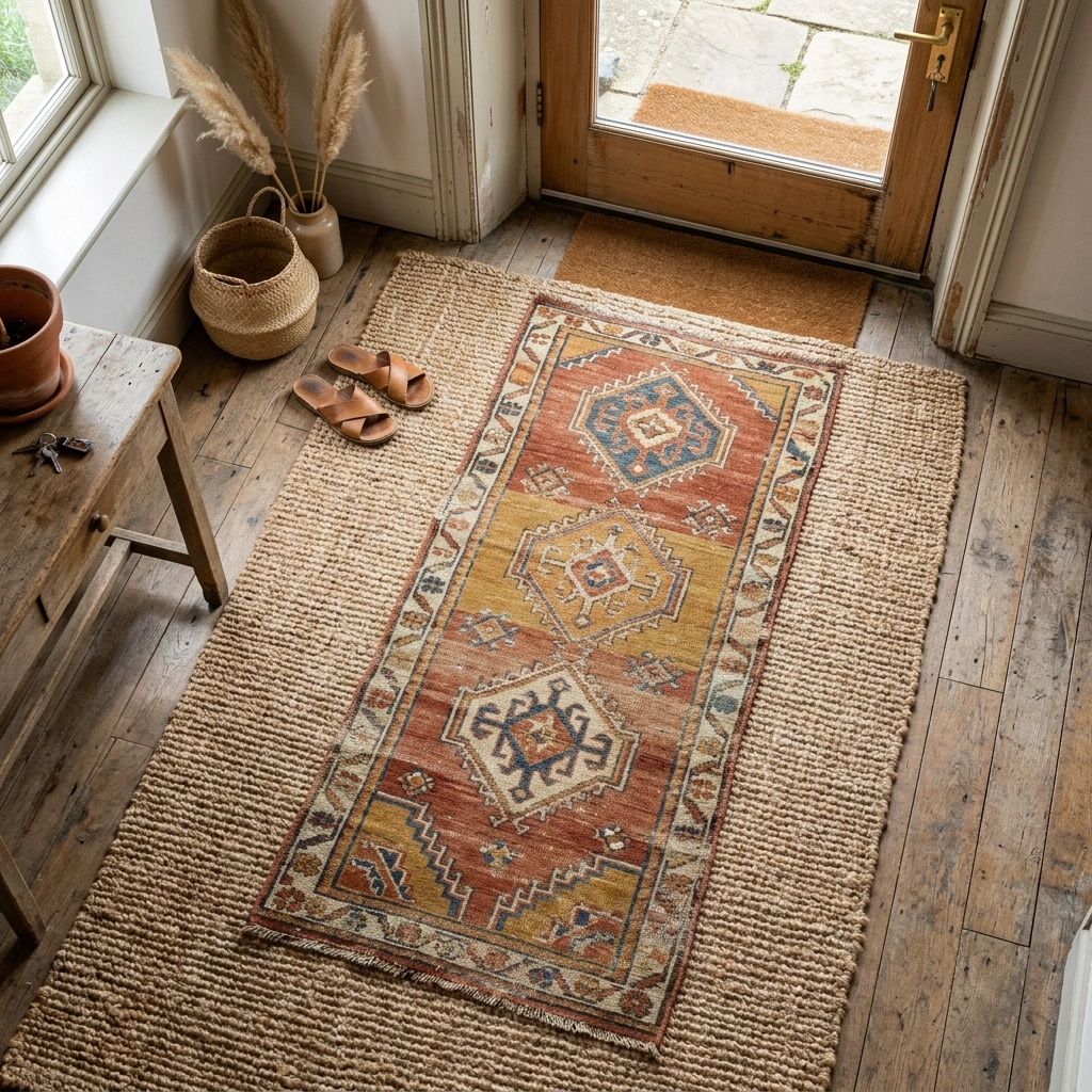 1. Vintage Kilim Runner Layered Over Jute