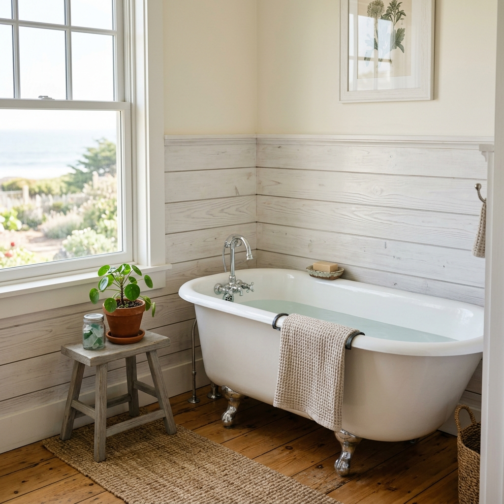 1. Whitewashed Shiplap Wainscoting Around the Tub