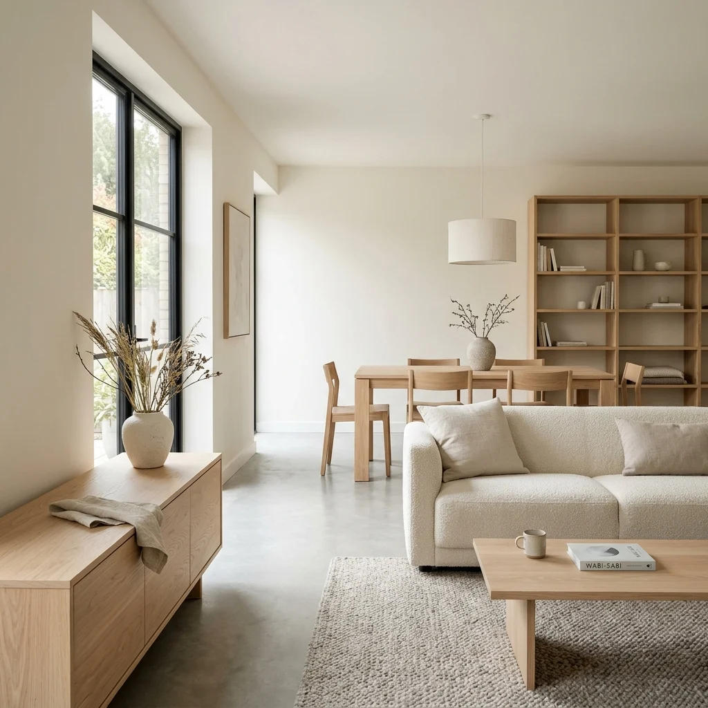 1. Unfinished White Oak Furniture Throughout for Material Consistency