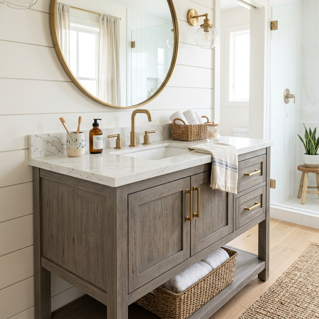 10. Driftwood Grey Cabinetry with Brass Hardware