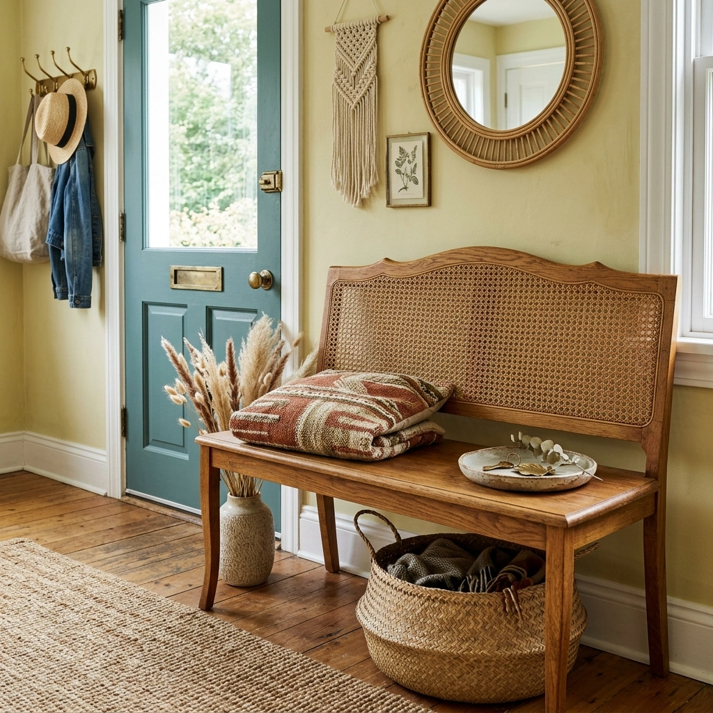 12. Vintage Cane Bench for a Shoe-Off Landing Spot