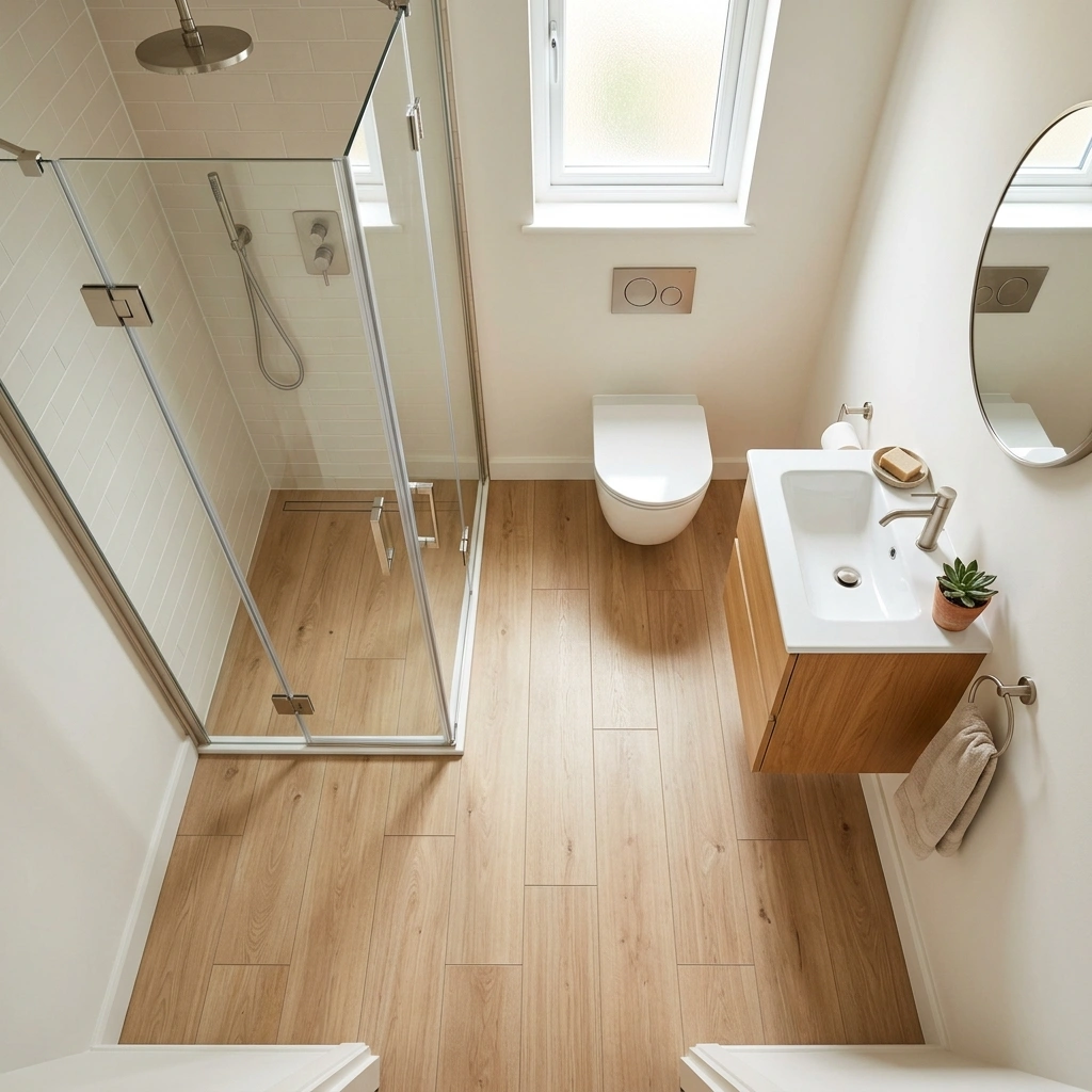 15. Wall-Mounted Fixtures and a Corner Shower for Compact Bathrooms