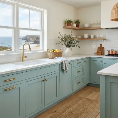 2. Soft Sea-Glass Blue Cabinetry