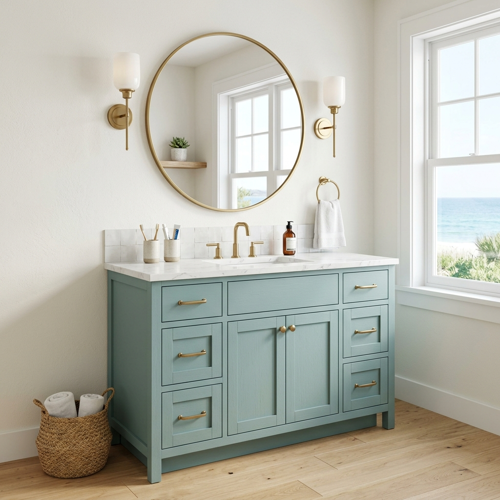 2. Soft Sea-Glass Blue Vanity Against White Walls
