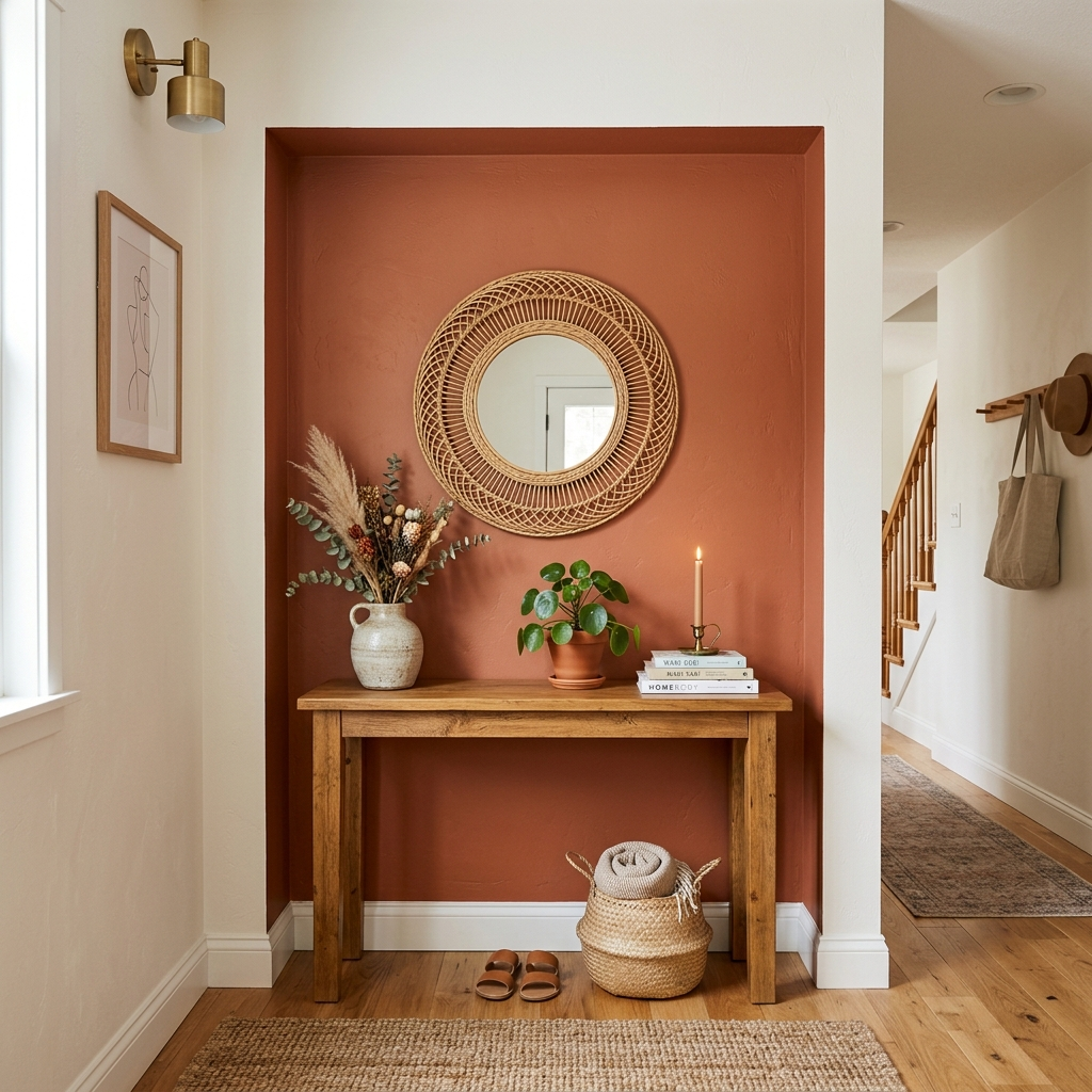 2. Warm Terracotta Wall Nook Behind the Console