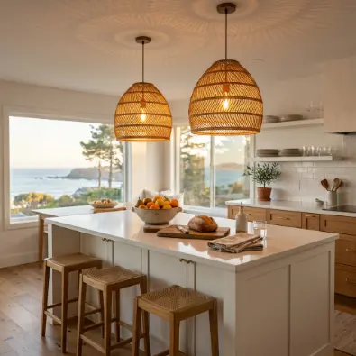 3. Woven Rattan Pendant Lights Over the Island