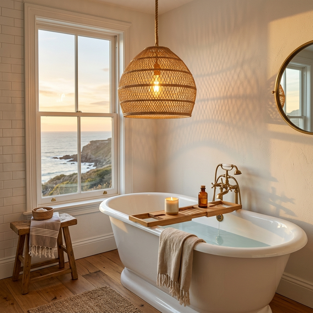 3. Woven Rattan Pendant Over a Freestanding Tub