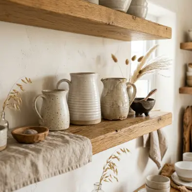 4. Ceramic Pitchers and Stoneware Styled on Open Shelves