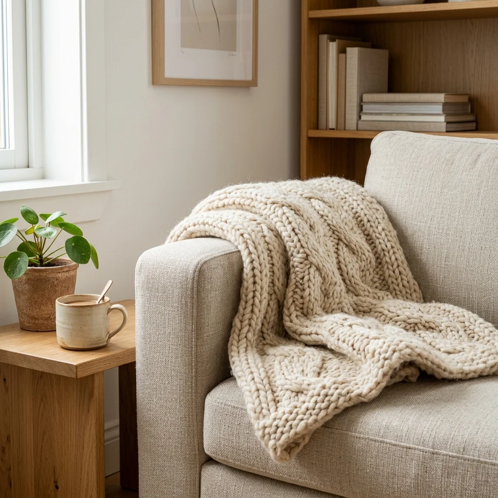 4. Chunky Wool Throws Layered Over Neutral Furniture