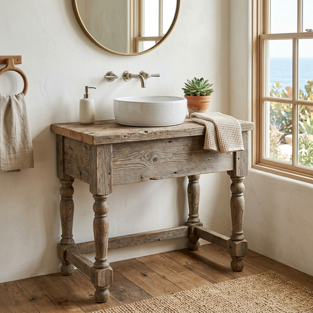 5. Reclaimed Wood Vanity with Turned Legs