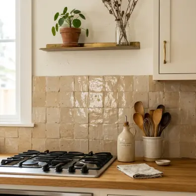 6. Warm White Walls with Sandy Beige Backsplash