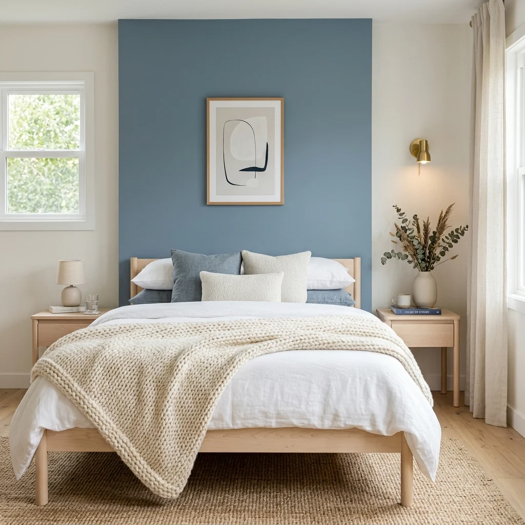 6. Dusty Blue Accent Wall Against Warm White