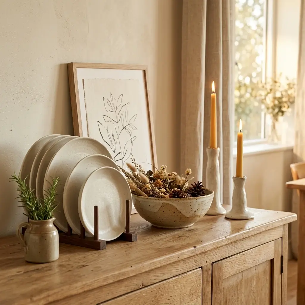 7. Dining Room Shelf Decor Tonal Sideboard Display