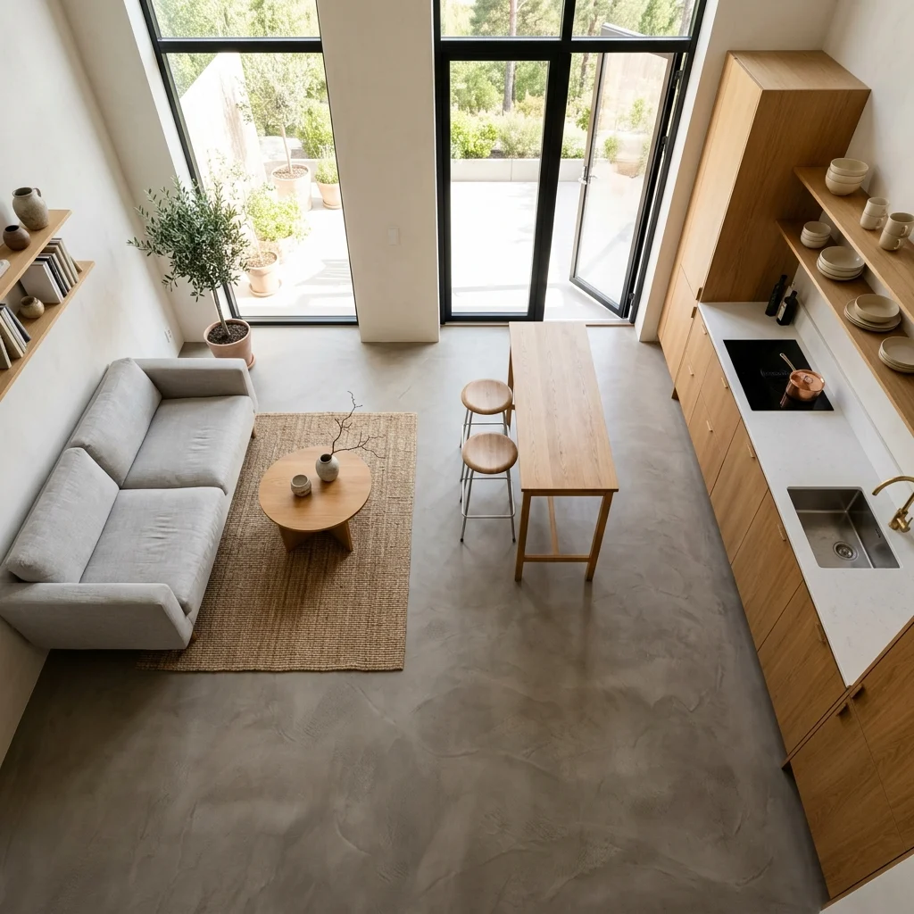 7. Honed Concrete or Micro-Cement Flooring for Seamless Continuity