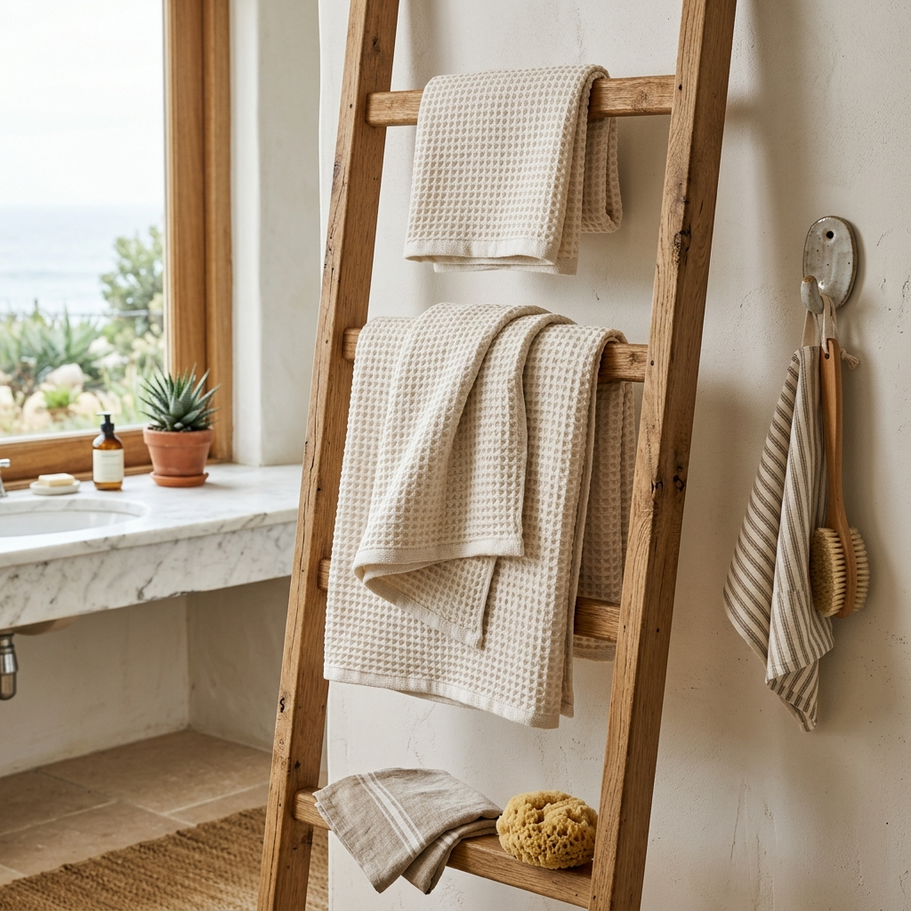 9. Linen Waffle Towels Layered on a Ladder Rack