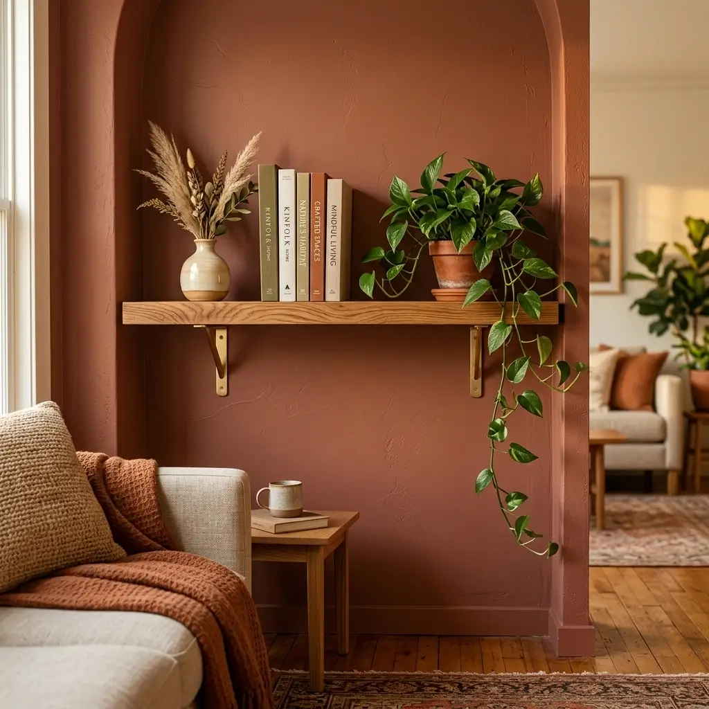 9. Living Room Mixed Wood-and-Metal Ladder Shelf