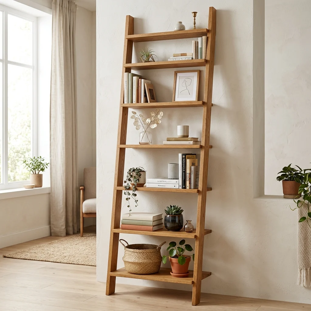 9. Vertical Ladder Shelving for Books and Plants