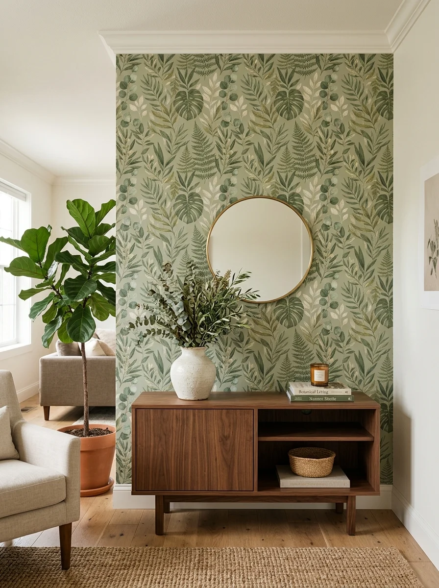 1. A Botanical Print Wallpaper in Warm Sage for a Living Room Accent Wall