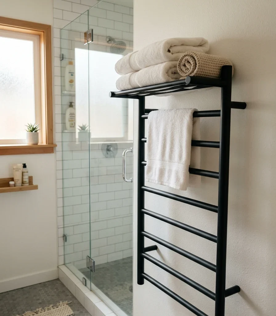 1. Add a Heated Towel Ladder Rail With an Integrated Shelf