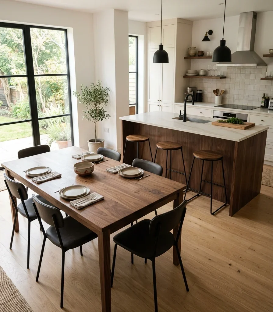 1. Choose a Dining Table That Echoes the Island's Wood Tone