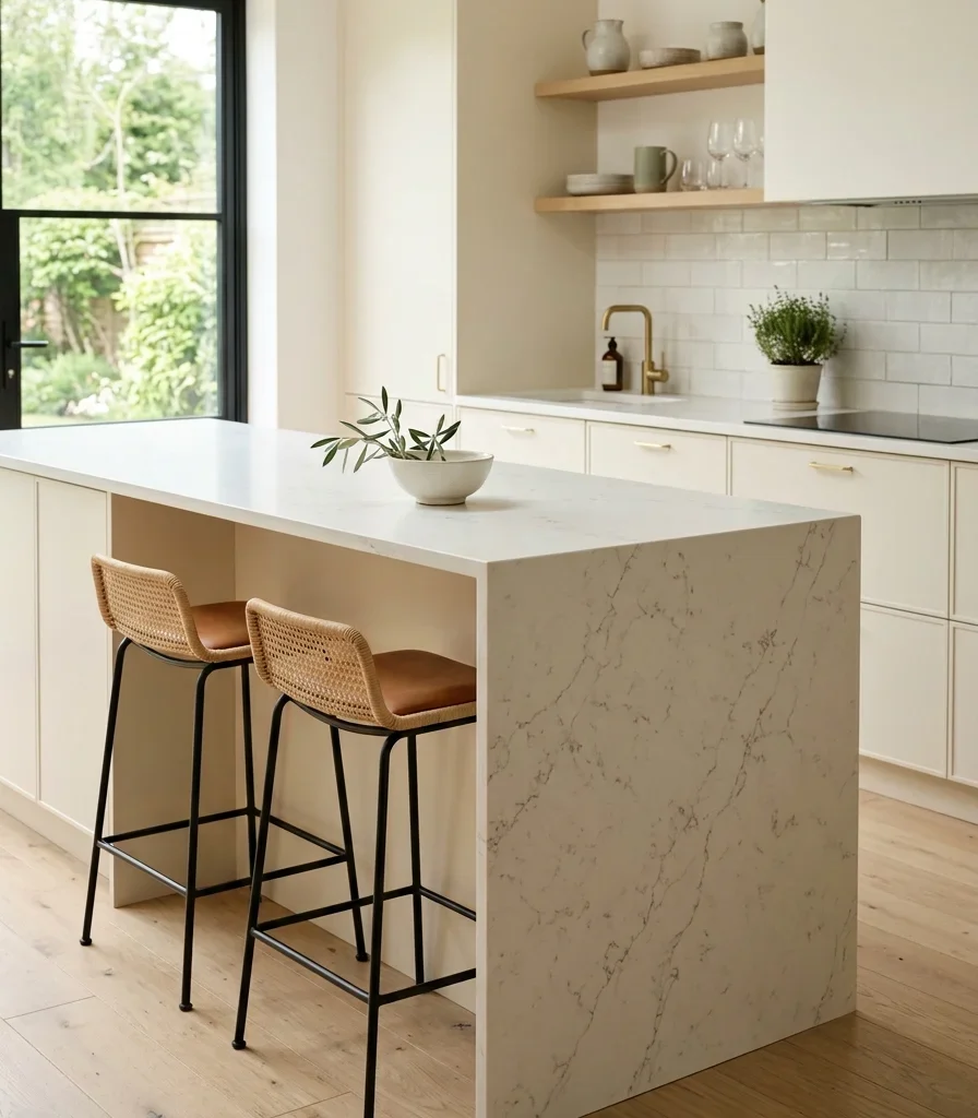 1. Choose an Engineered Quartz Waterfall Island That Mimics Marble