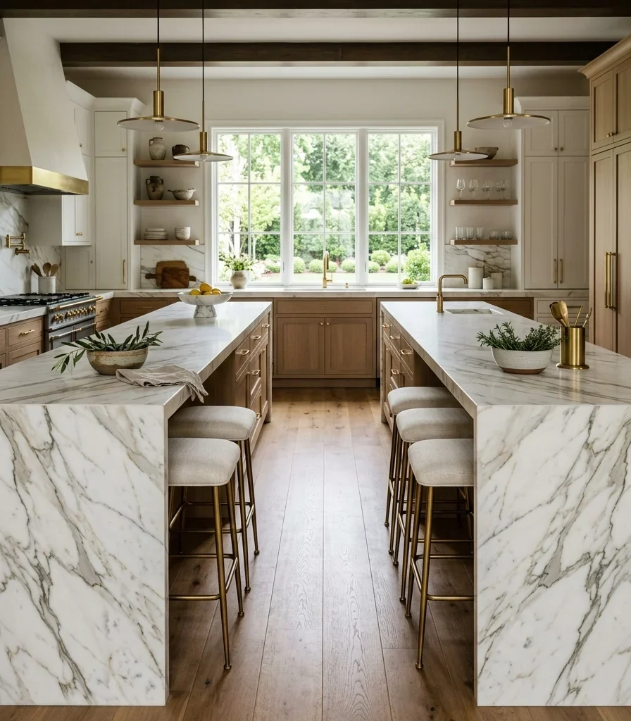 1. Install Twin Book-Matched Marble Waterfall Islands