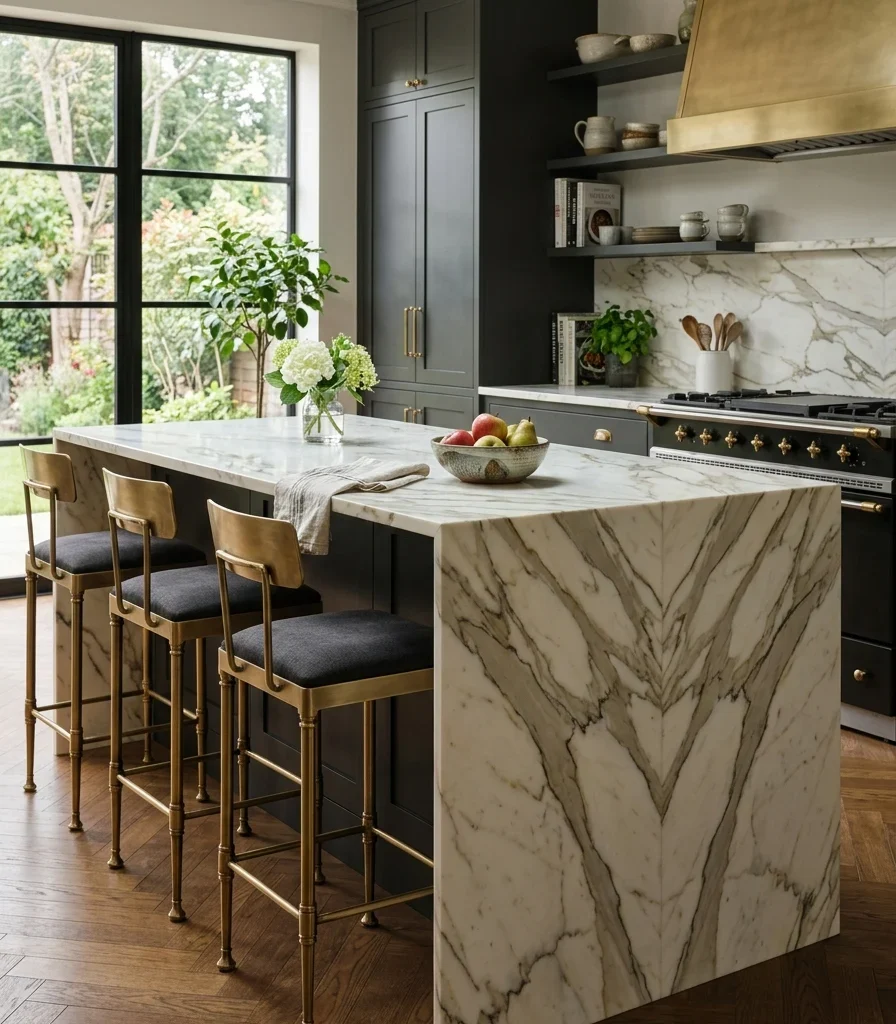 1. Install a Book-Matched Marble Waterfall Island