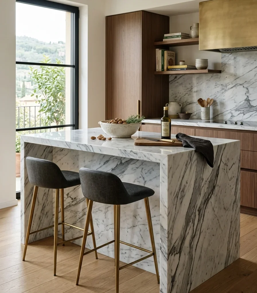1. Install a Carrara Marble Waterfall Island