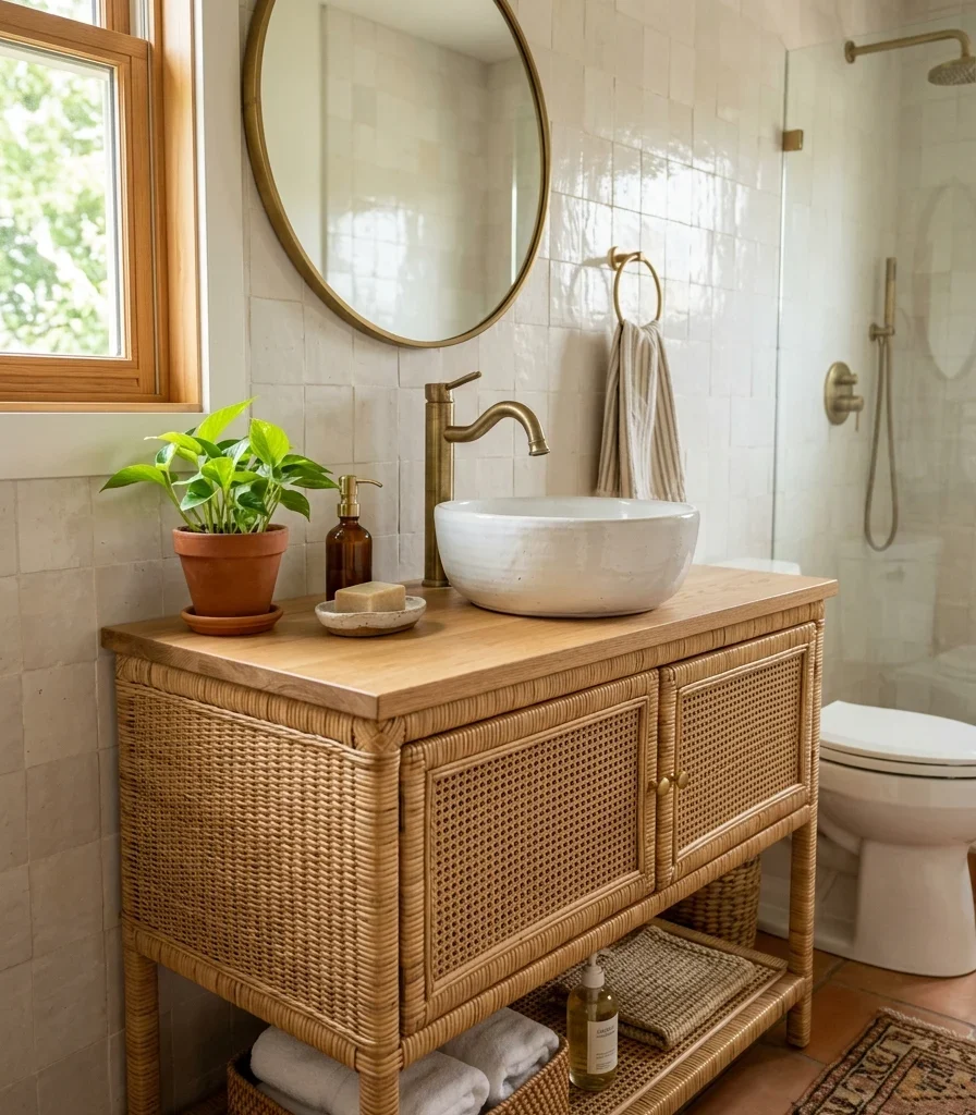 1. Surround a Vessel Sink in Rattan