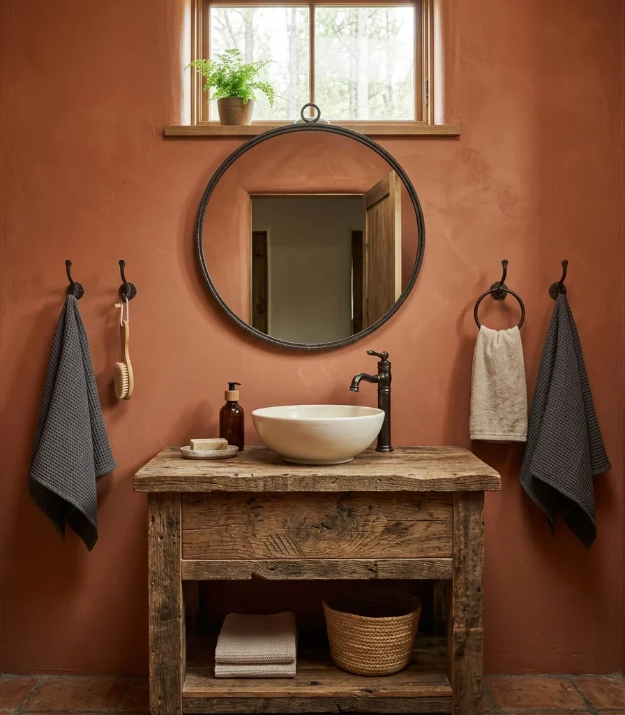 1. Warm Terracotta Walls Against Reclaimed Wood