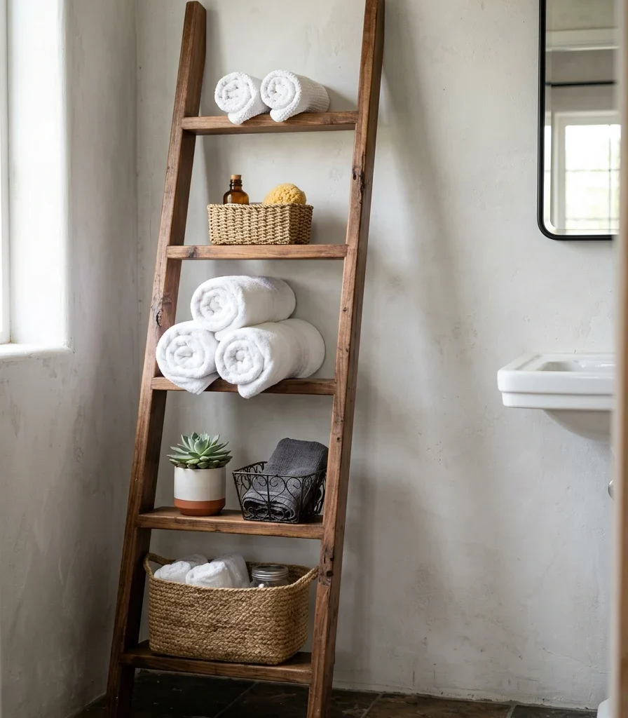 10. A Ladder Shelf for Towel Storage