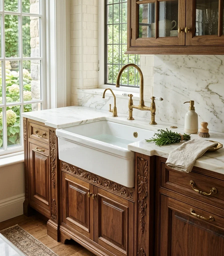 10. A Traditional Apron-Front Sink in a Carved Wood Surround