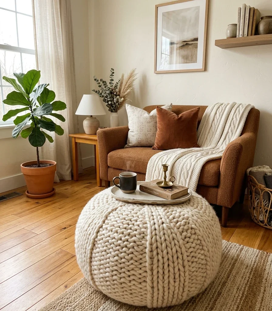 10. Add a Chunky Knit Pouf as a Footrest and Extra Seat