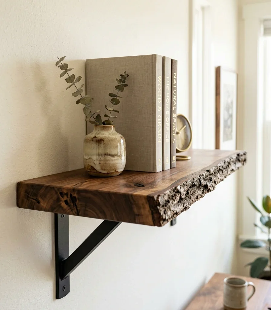 10. Add a Live-Edge Wood Shelf for a Grounding Natural Texture