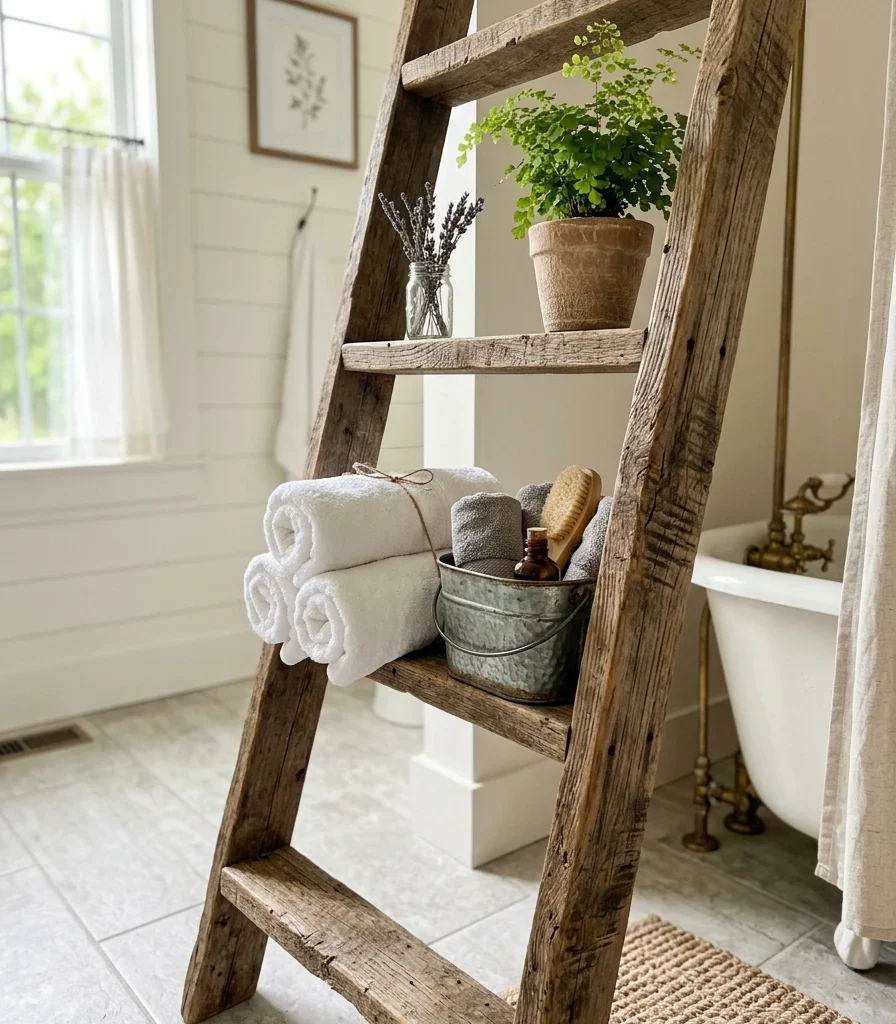10. Add a Reclaimed Wood Ladder Shelf for Towels