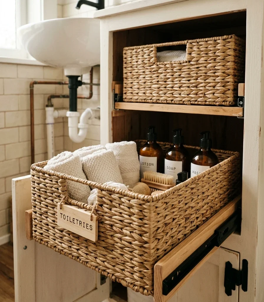10. Add a Woven Seagrass Under-Sink Pull-Out Basket System