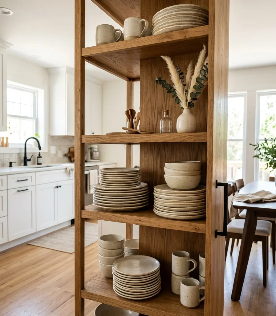 10. Display Ceramic Dinnerware on Shelving Visible From Both Zones