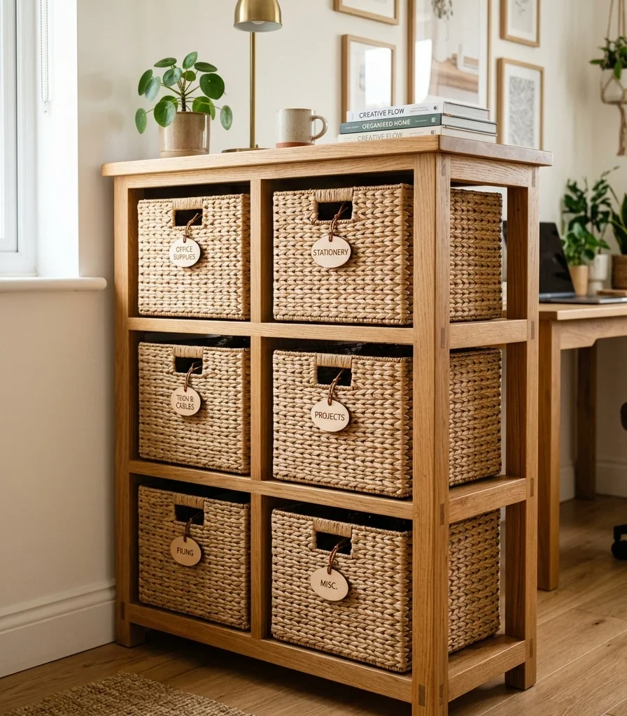 10. Fit Woven Basket Drawers Into an Open Shelf