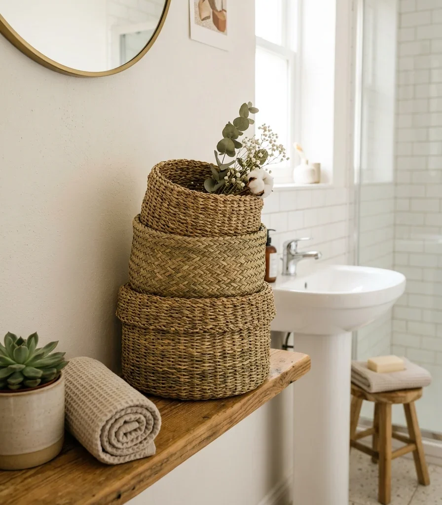 10. Style a Woven Seagrass Basket Trio for Open Storage