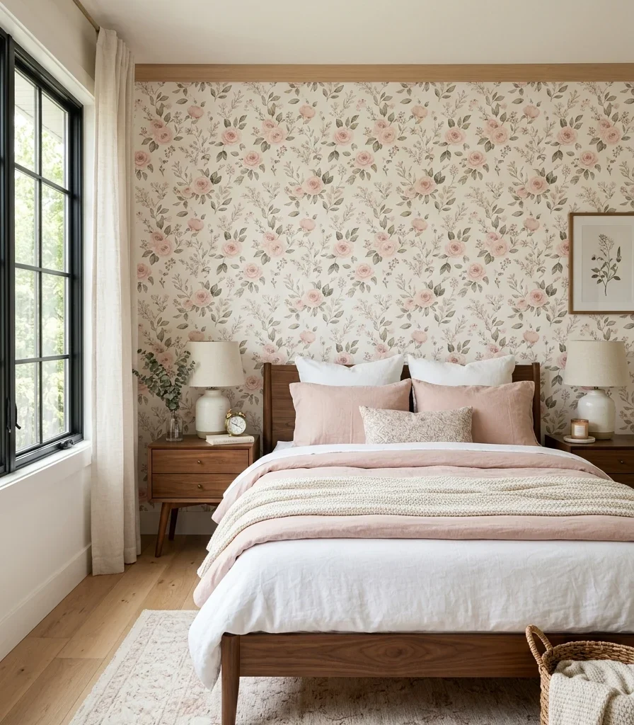 10. Wallpapering a Headboard Wall Behind a Low Platform Bed