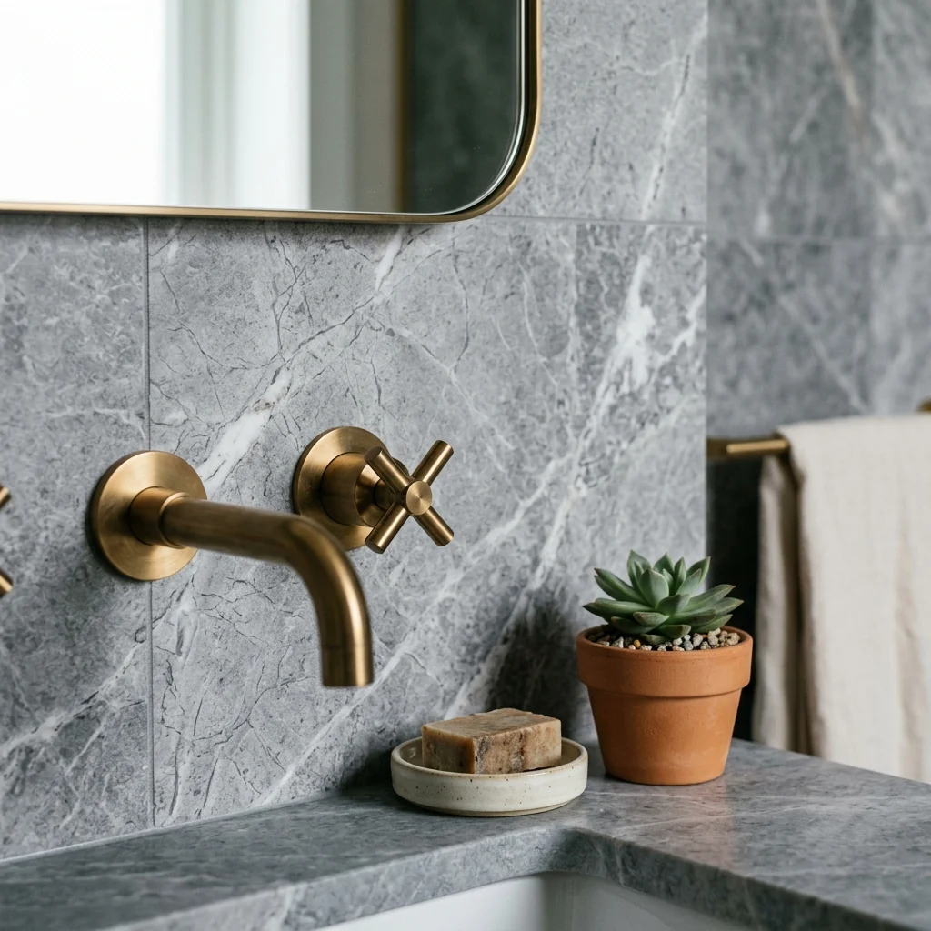 10. Warm Metallic Accents Layered Against Cool Stone