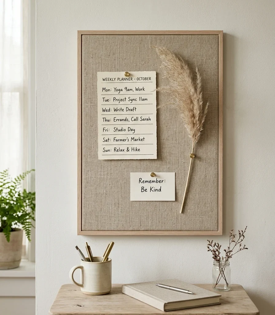 11. Hang a Linen-Covered Cork Board for Daily Notes