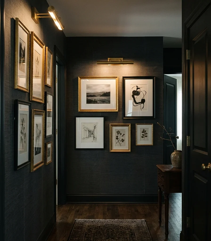 11. A Dark Wallpaper Behind a Picture-Lit Gallery Wall