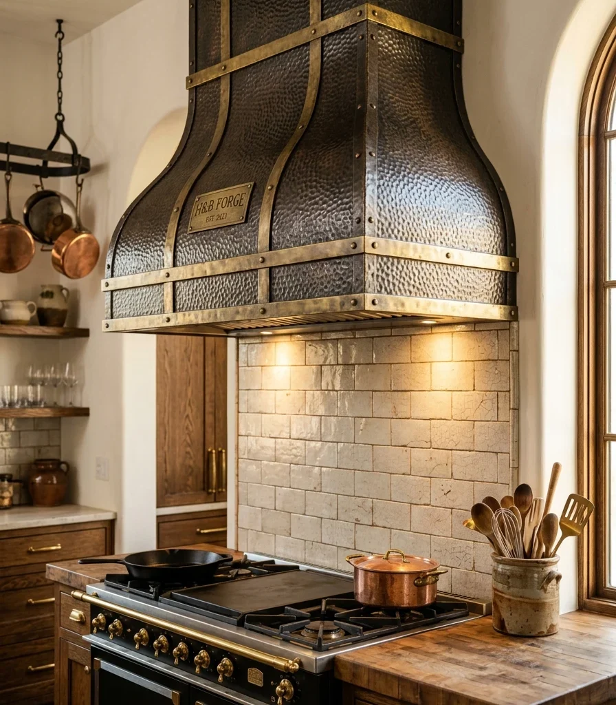 11. Center a Hand-Forged Iron and Brass Range Hood