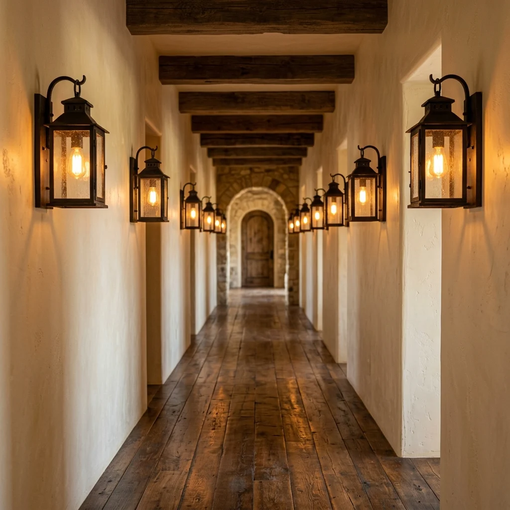 11. Iron Lantern Sconces Along a Hallway