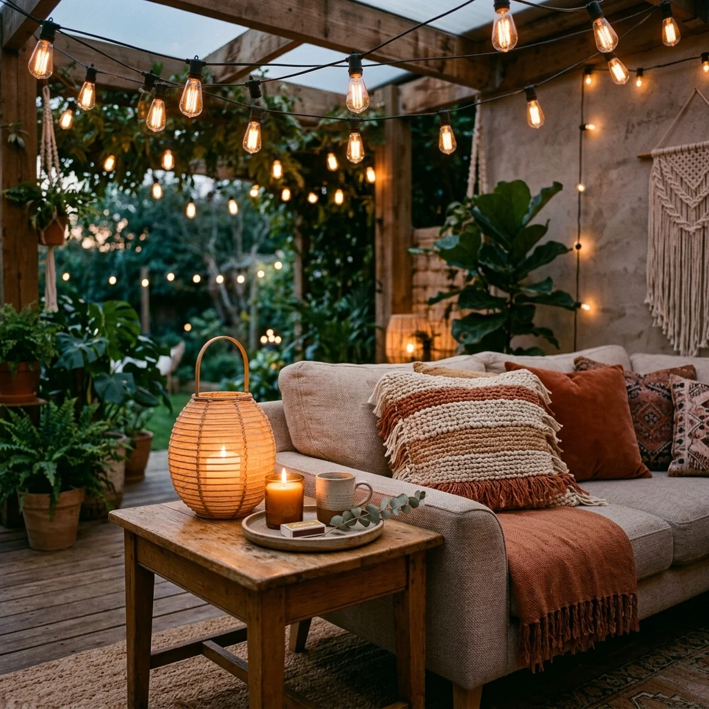 11. Layered String and Lantern Lighting for Evening Warmth