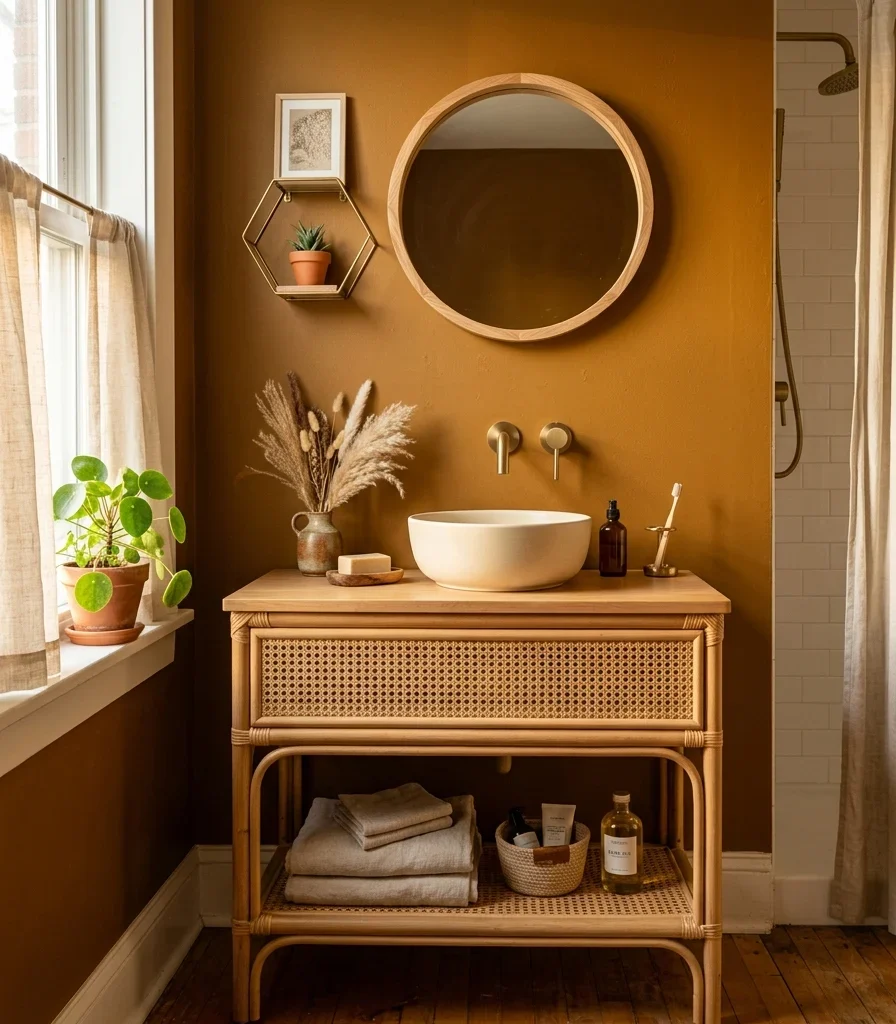 11. Paint a Deep Ochre Accent Wall Behind the Vanity
