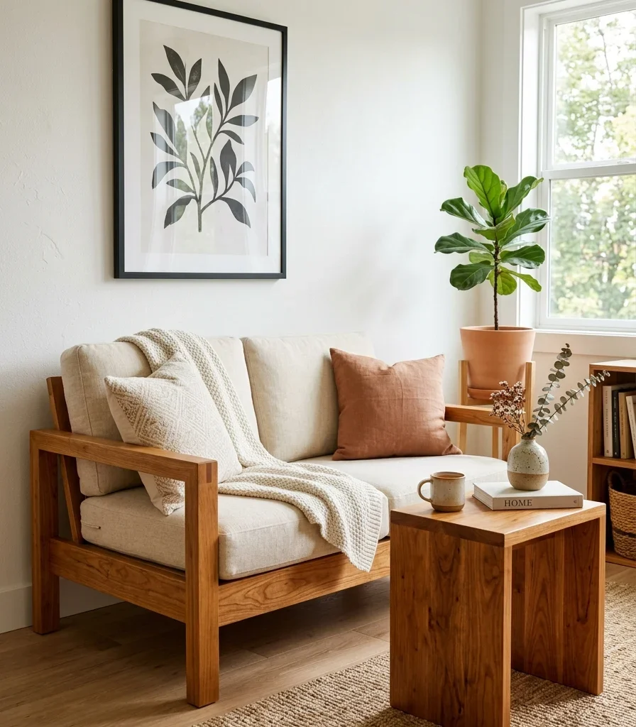 11. Pair Warm Honey Wood Against a Soft White Wall