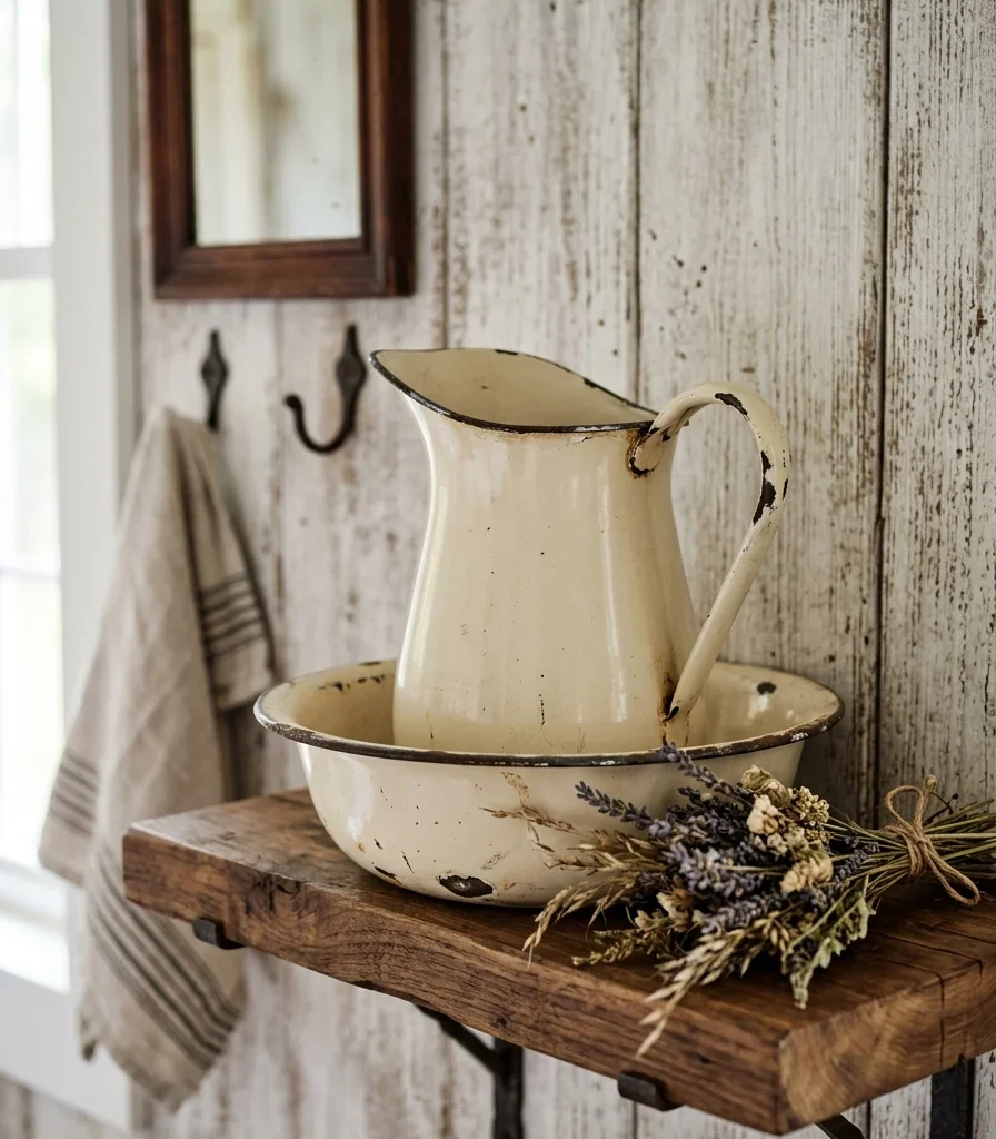 12. A Vintage-Style Enamel Pitcher and Basin Display