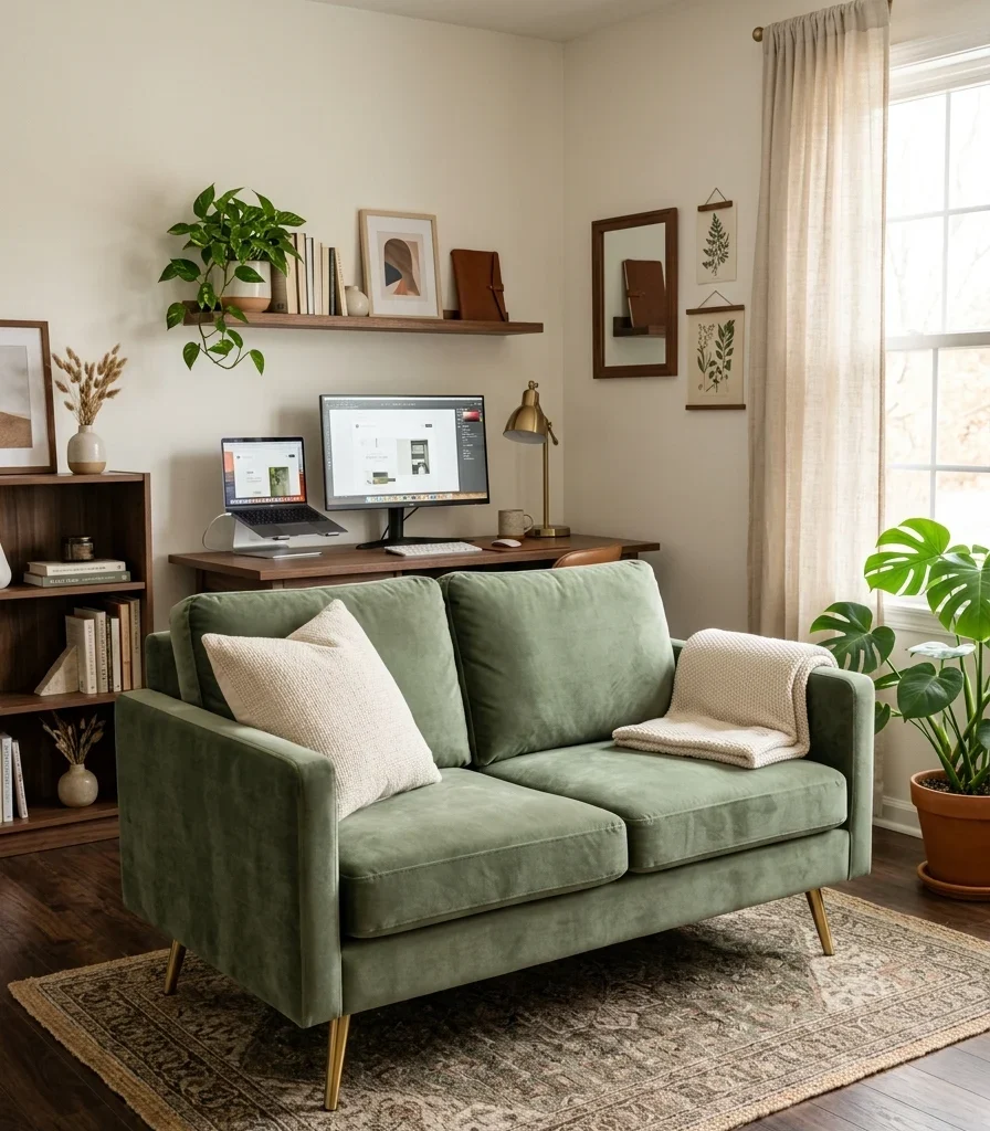 12. Choose a Sage Green Velvet Couch as a Statement